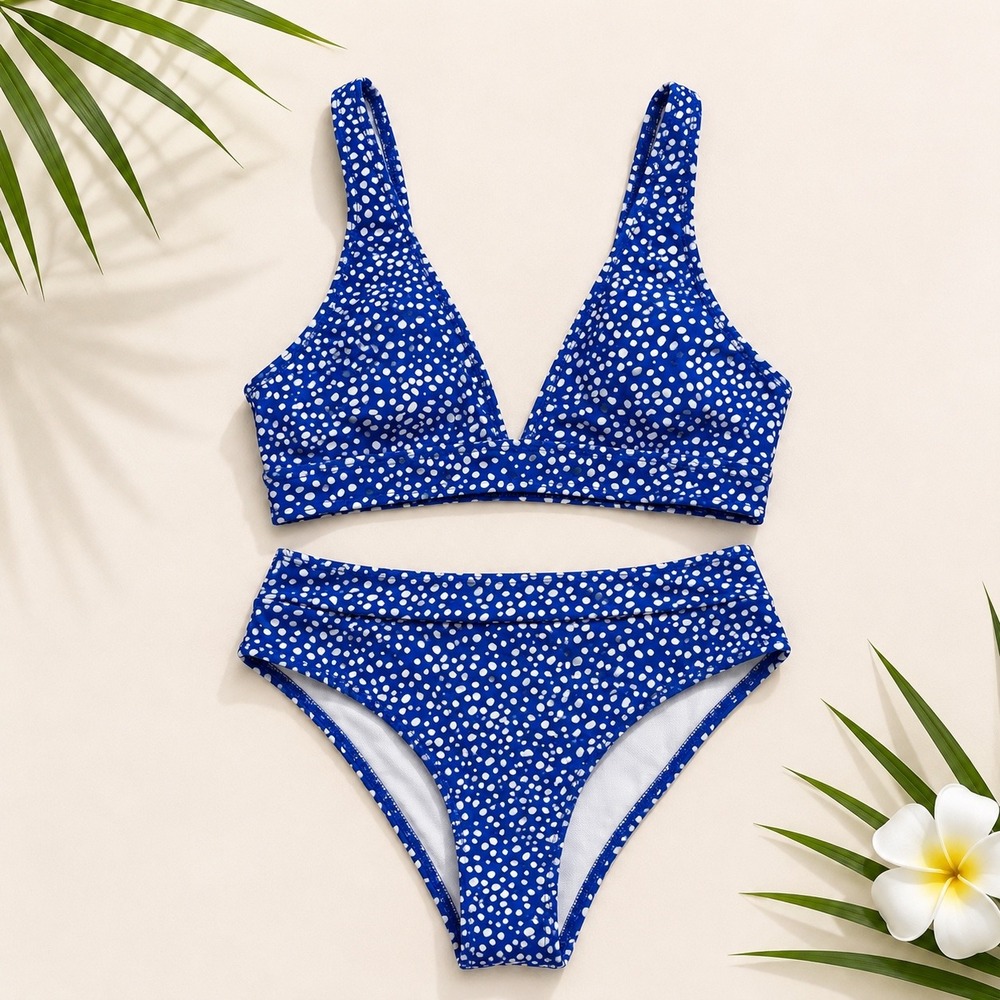 Blue & White Spotted Polka Dot Bikini Set High Cut Cheeky Swimsuit Size Small